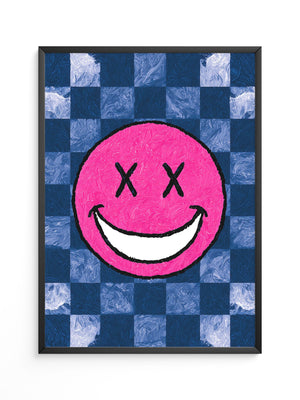 Grinsendes Emoji Pink Blau Gerastert