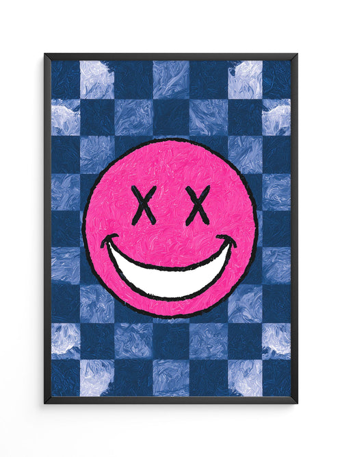 Grinsendes Emoji Pink Blau Gerastert