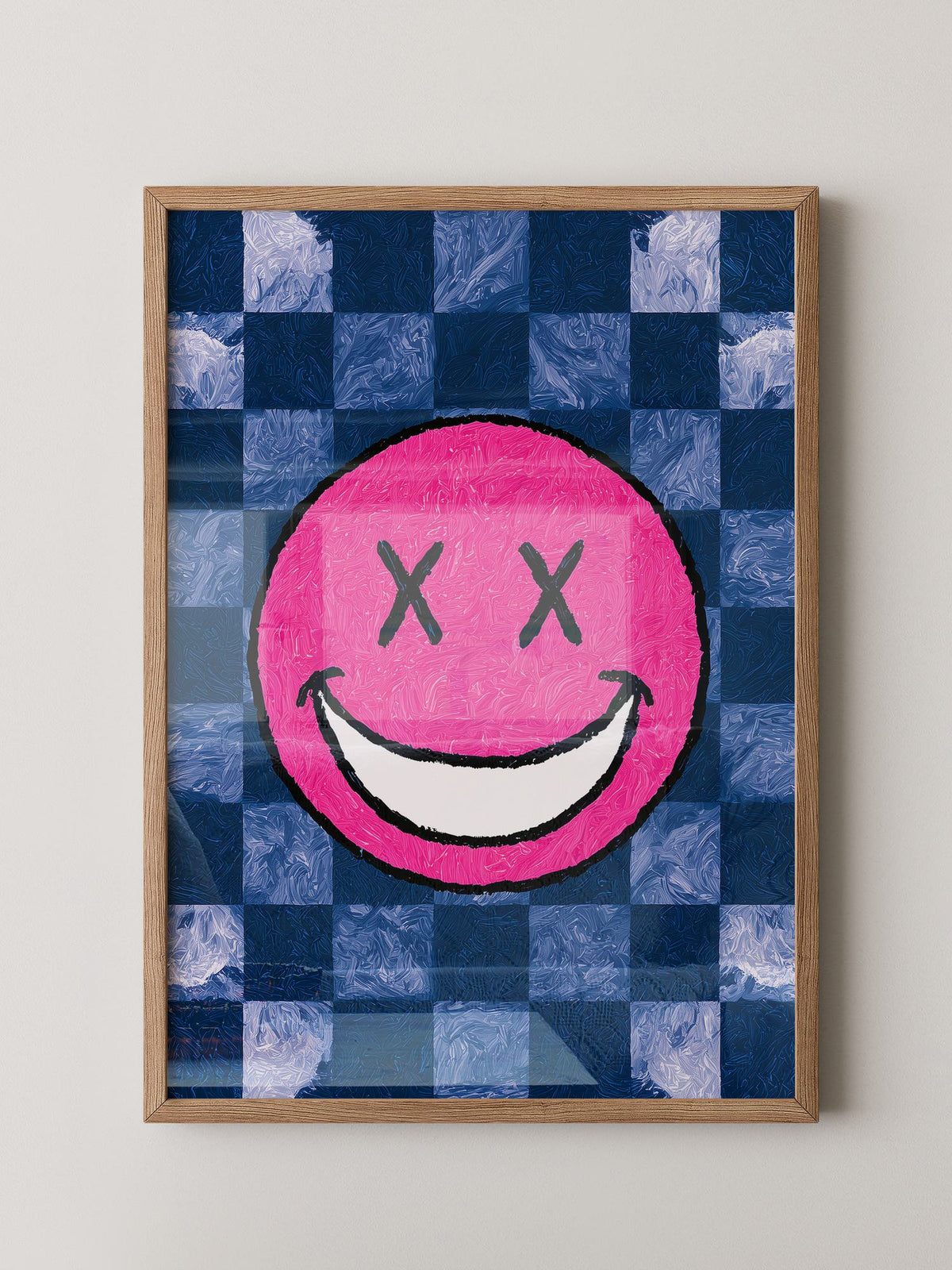 Grinsendes Emoji Pink Blau Gerastert