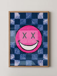 Grinsendes Emoji Pink Blau Gerastert