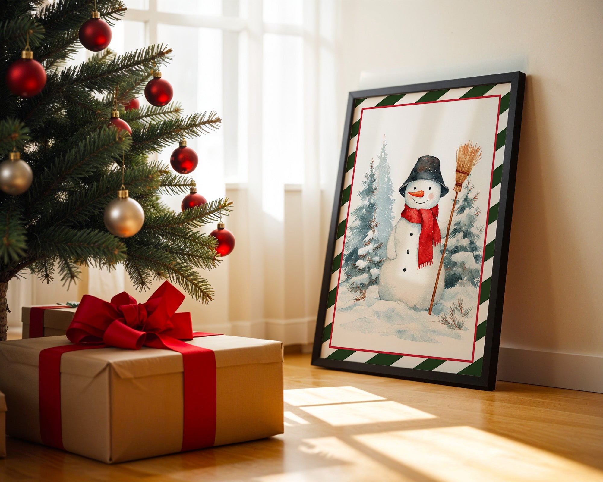 Schneemann mit rotem Schal Winterwald