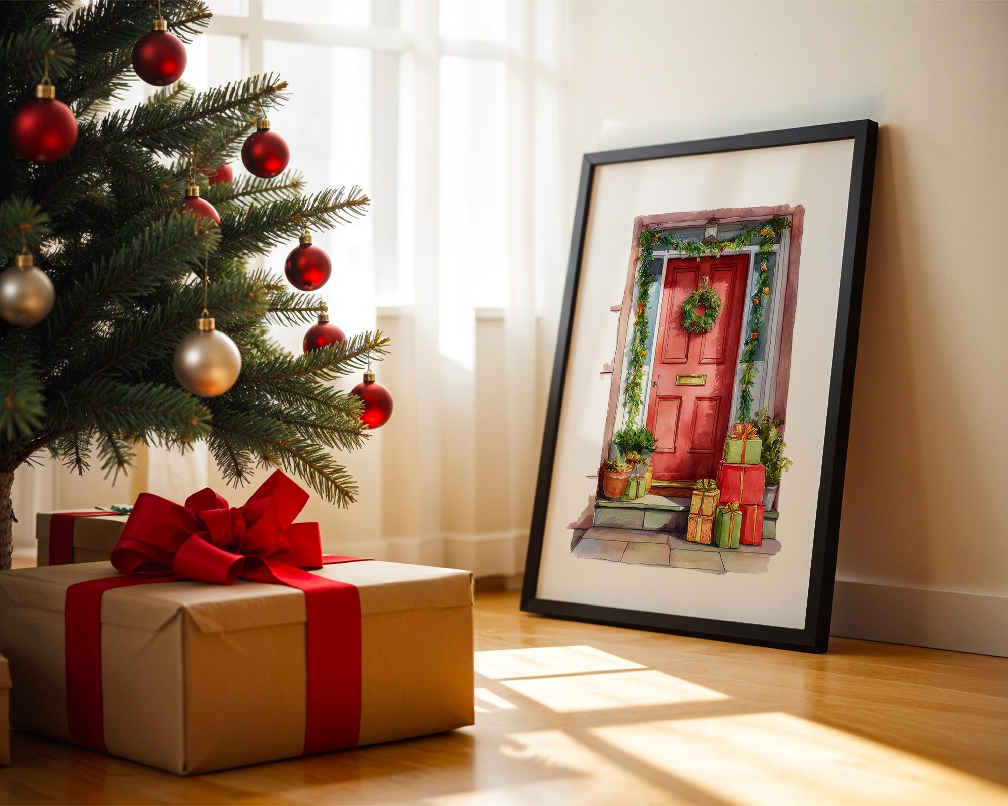 Weihnachtstür Aquarell Geschenke