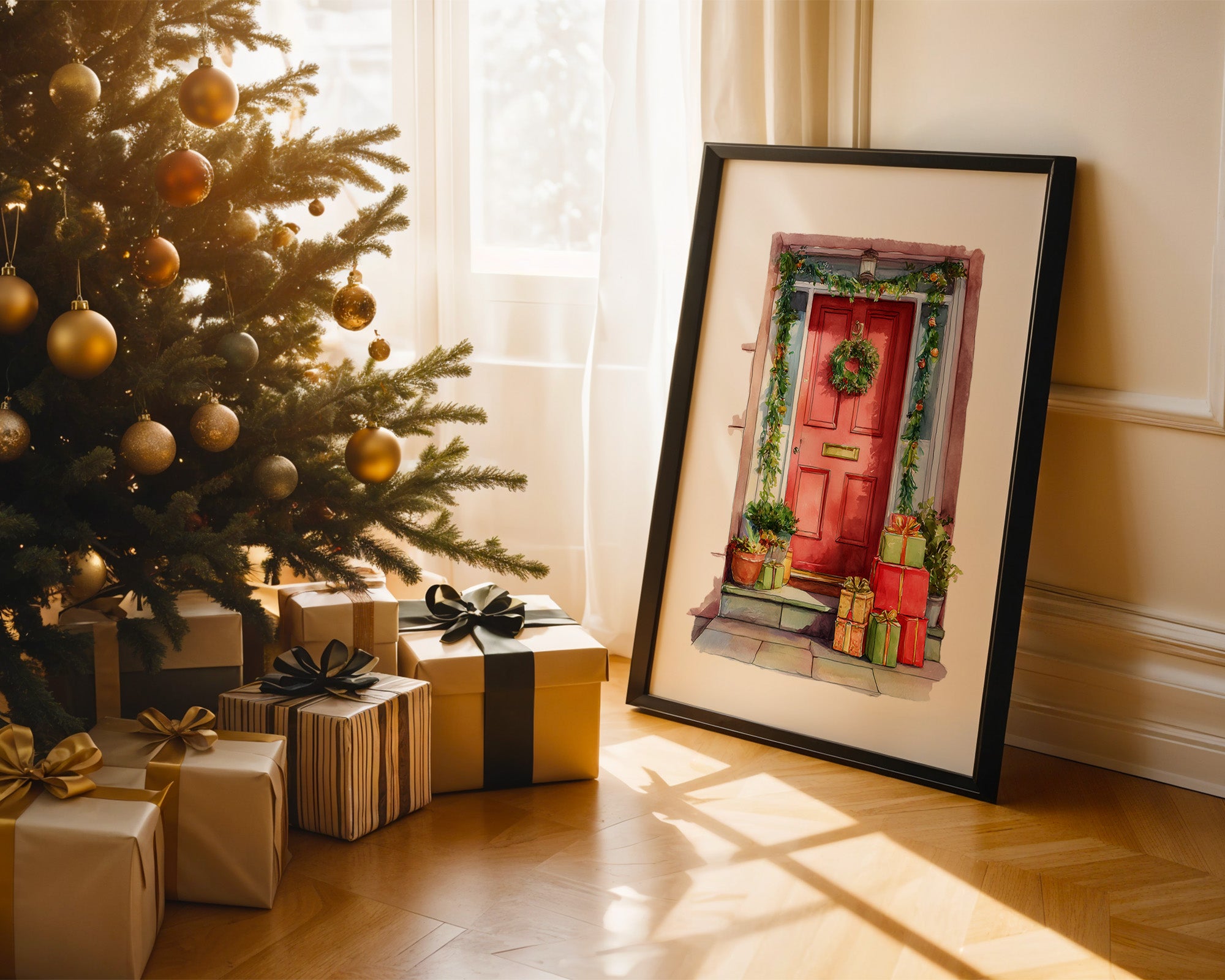 Weihnachtstür Aquarell Geschenke