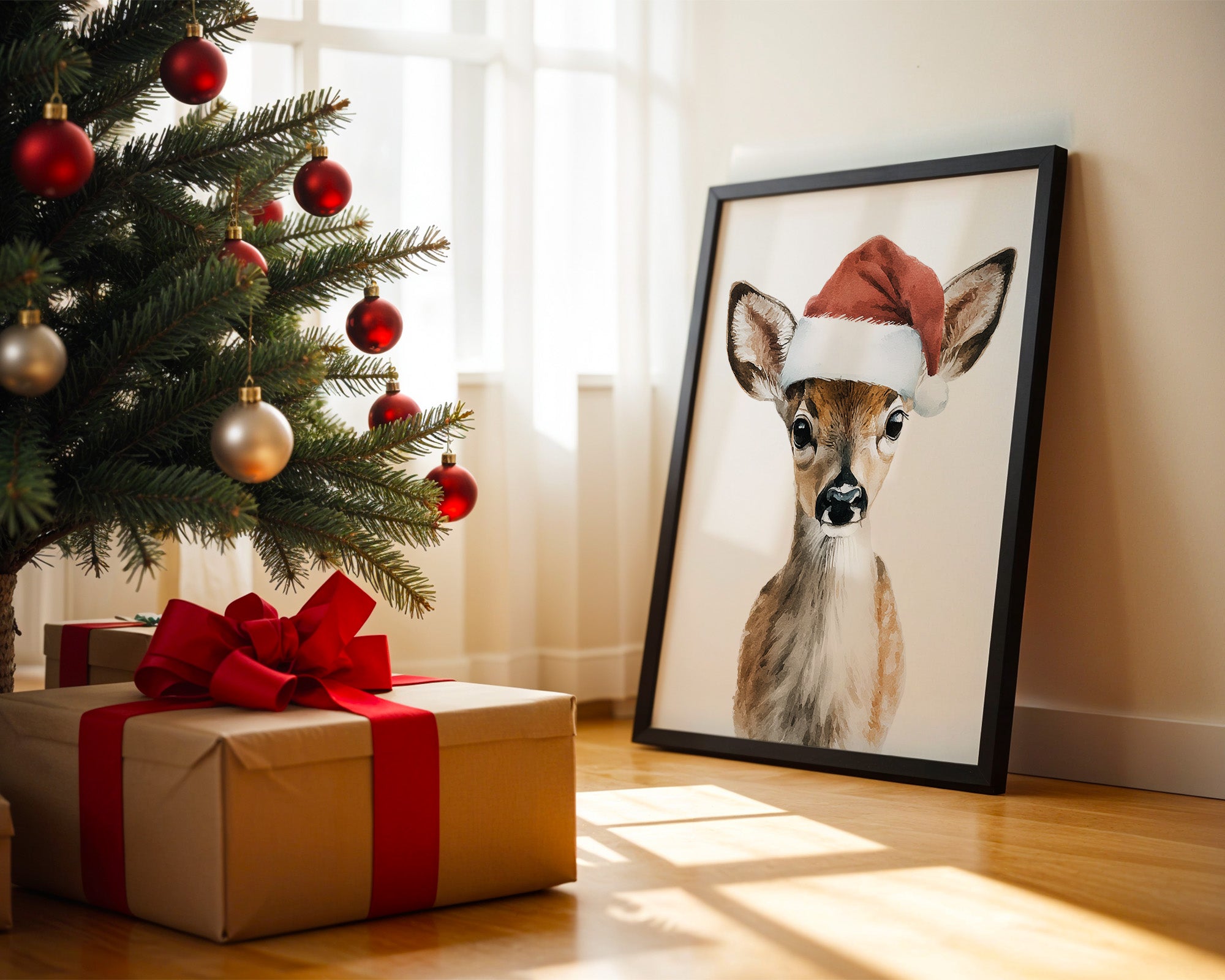 Rehkitz Weihnachtsmütze Aquarell