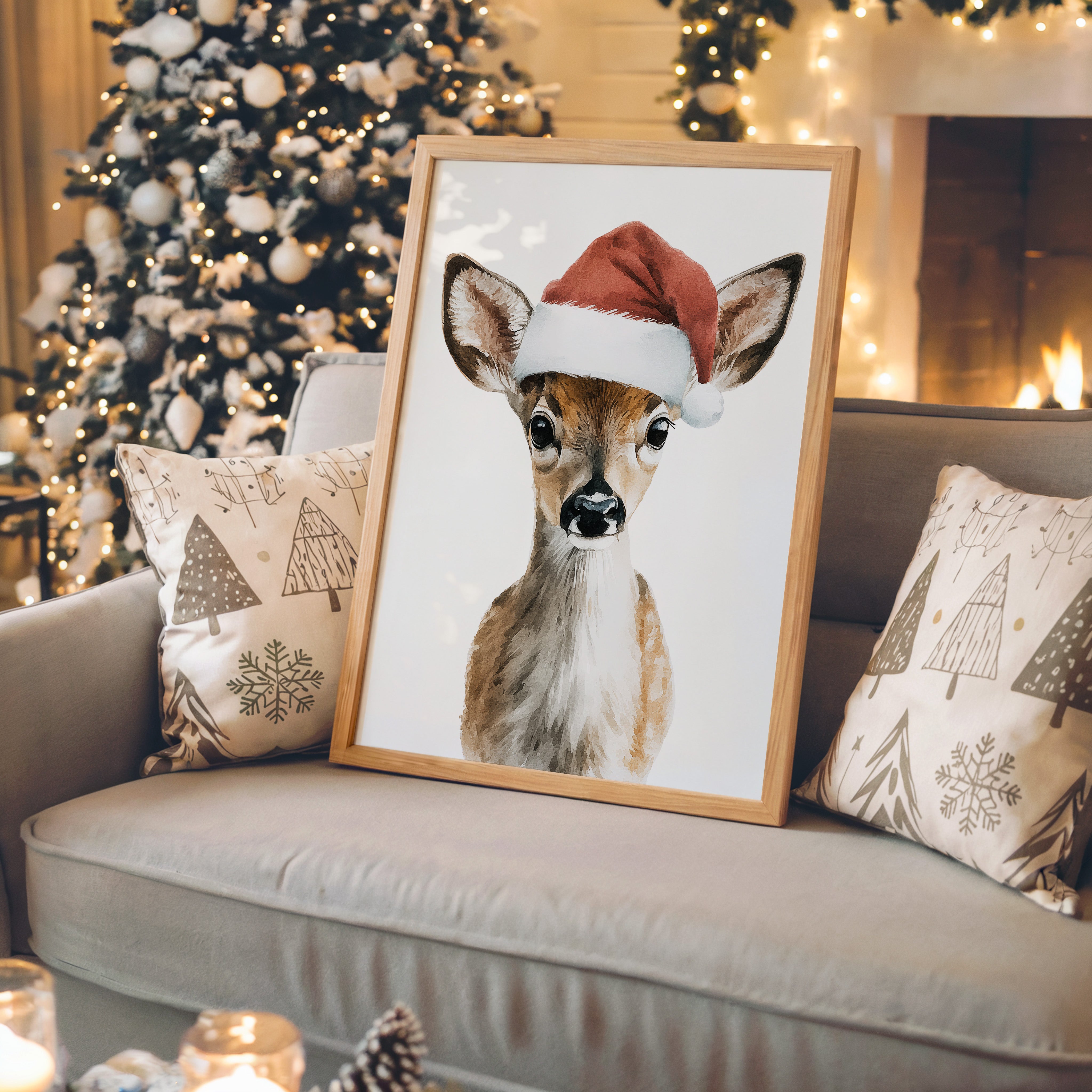 Rehkitz Weihnachtsmütze Aquarell