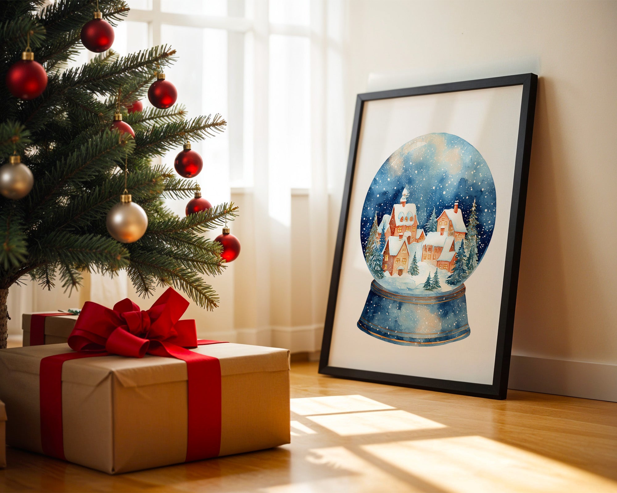 Schneekugel Winterdorf Aquarell