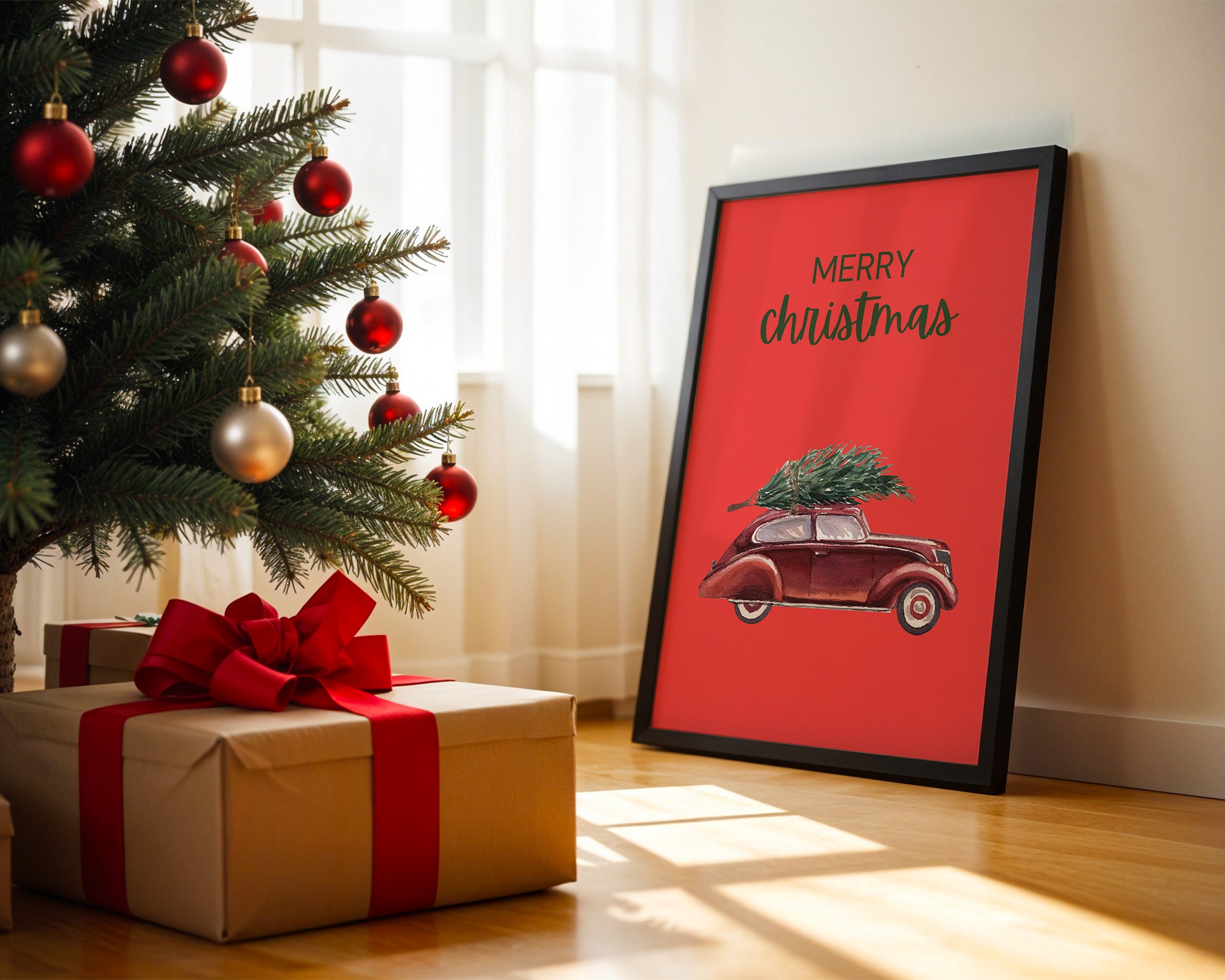 Auto mit Tannenbaum Rot