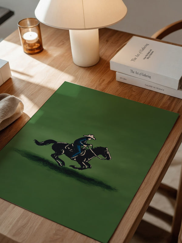 Cowboy auf Pferd grüne Szenerie