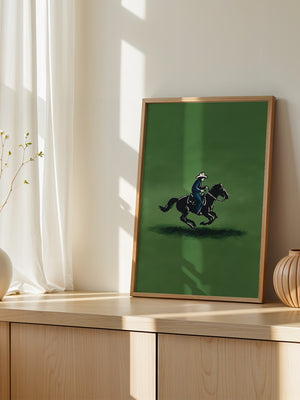 Cowboy auf Pferd grüne Szenerie