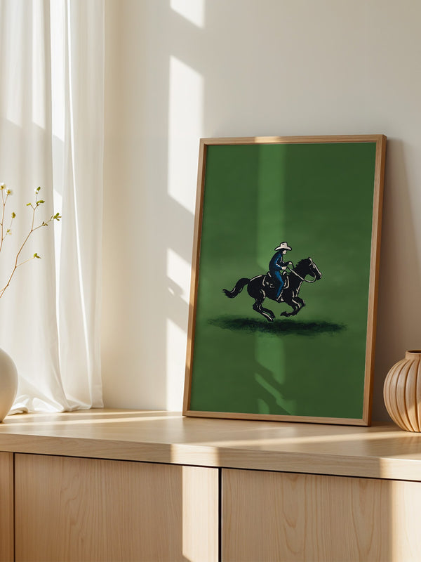 Cowboy auf Pferd grüne Szenerie