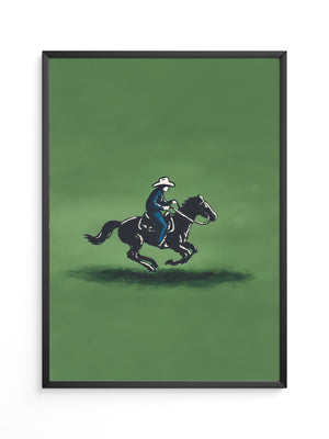 Cowboy auf Pferd grüne Szenerie