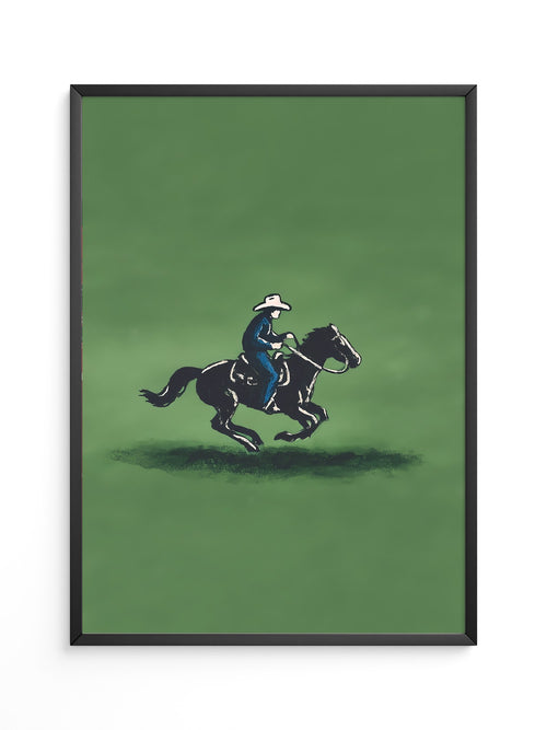 Cowboy auf Pferd grüne Szenerie