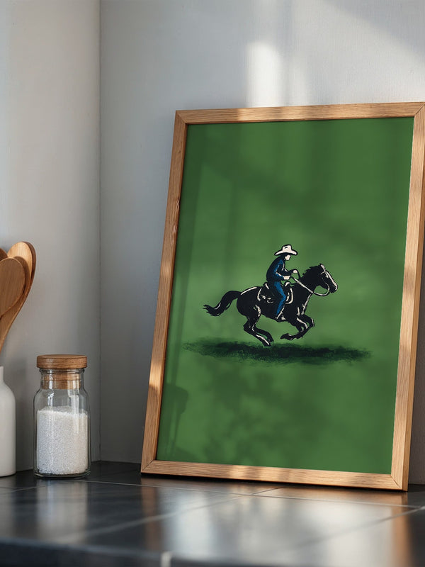 Cowboy auf Pferd grüne Szenerie