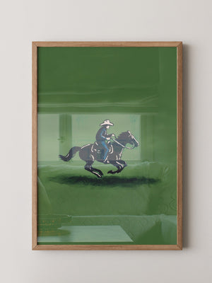 Cowboy auf Pferd grüne Szenerie