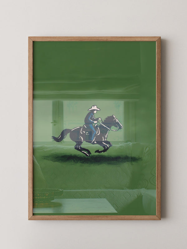 Cowboy auf Pferd grüne Szenerie