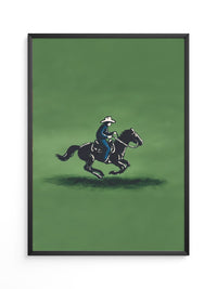 Cowboy auf Pferd grüne Szenerie