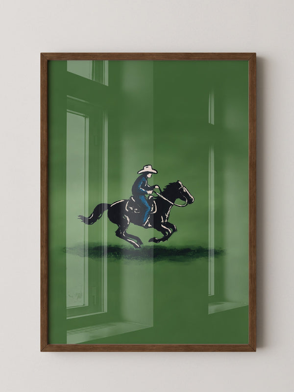 Cowboy auf Pferd grüne Szenerie