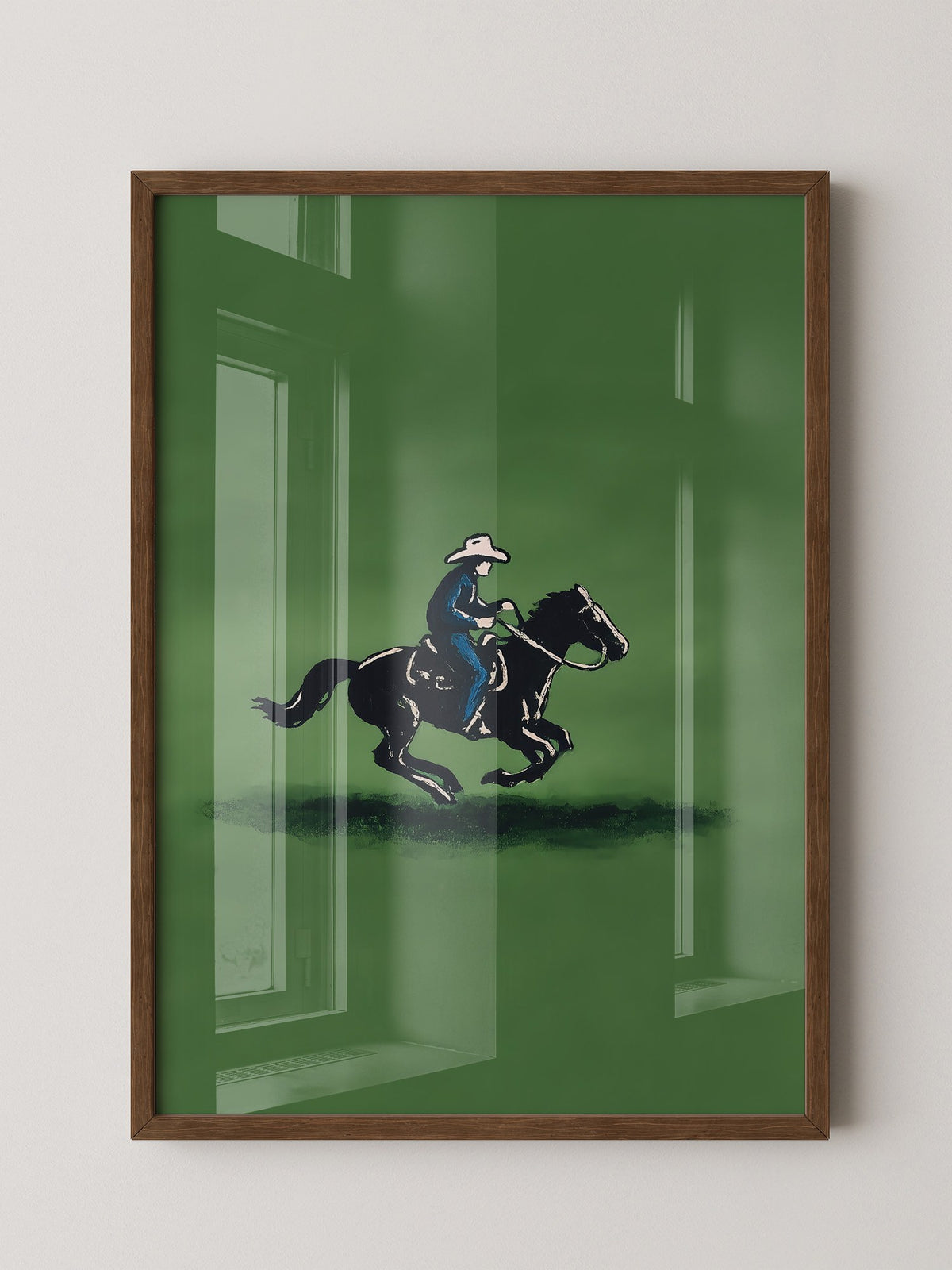 Cowboy auf Pferd grüne Szenerie