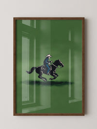 Cowboy auf Pferd grüne Szenerie