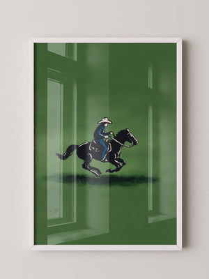 Cowboy auf Pferd grüne Szenerie