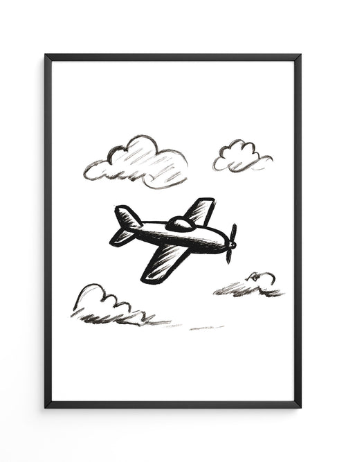 Flugzeug Skizze Wolken Schwarzweiß