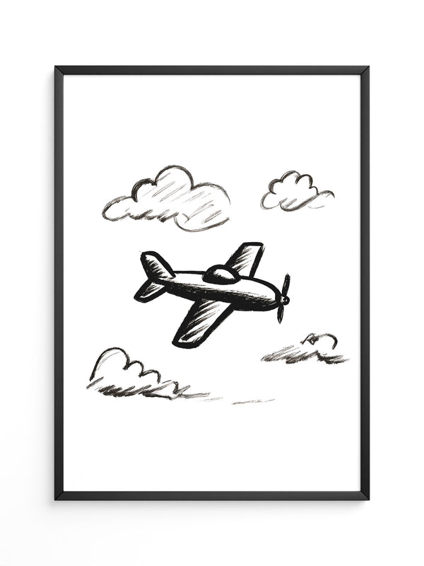 Flugzeug Skizze Wolken Schwarzweiß