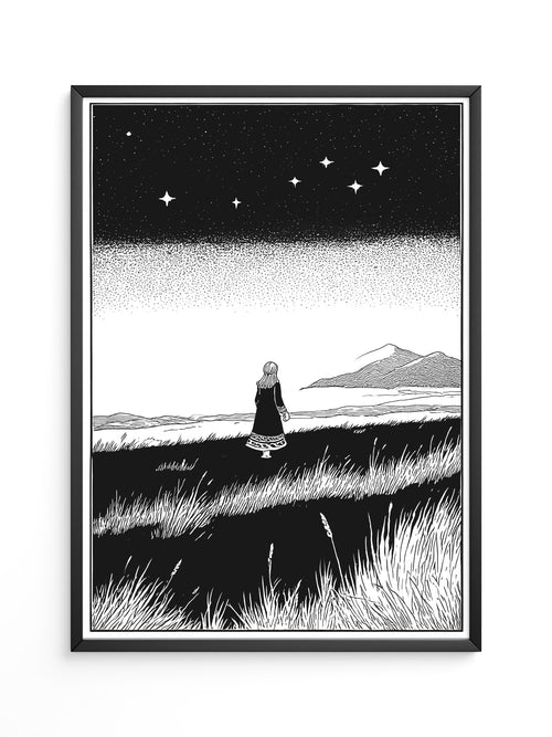 Sternennacht Frau blickt Berge