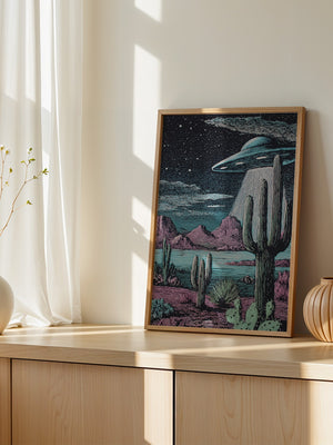 UFO Kaktus Nachts Landschaft Retro