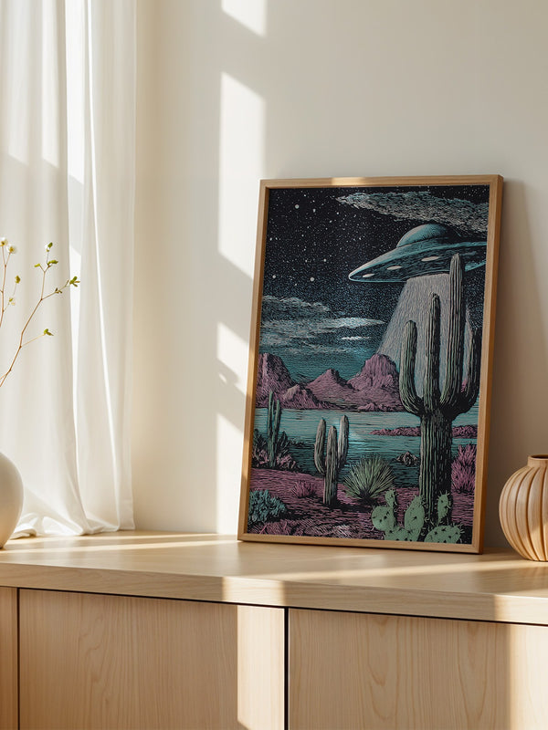 UFO Kaktus Nachts Landschaft Retro
