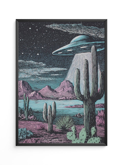 UFO Kaktus Nachts Landschaft Retro