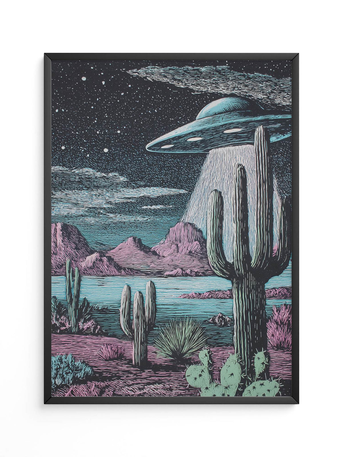 UFO Kaktus Nachts Landschaft Retro