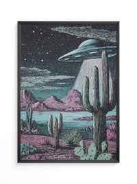 UFO Kaktus Nachts Landschaft Retro