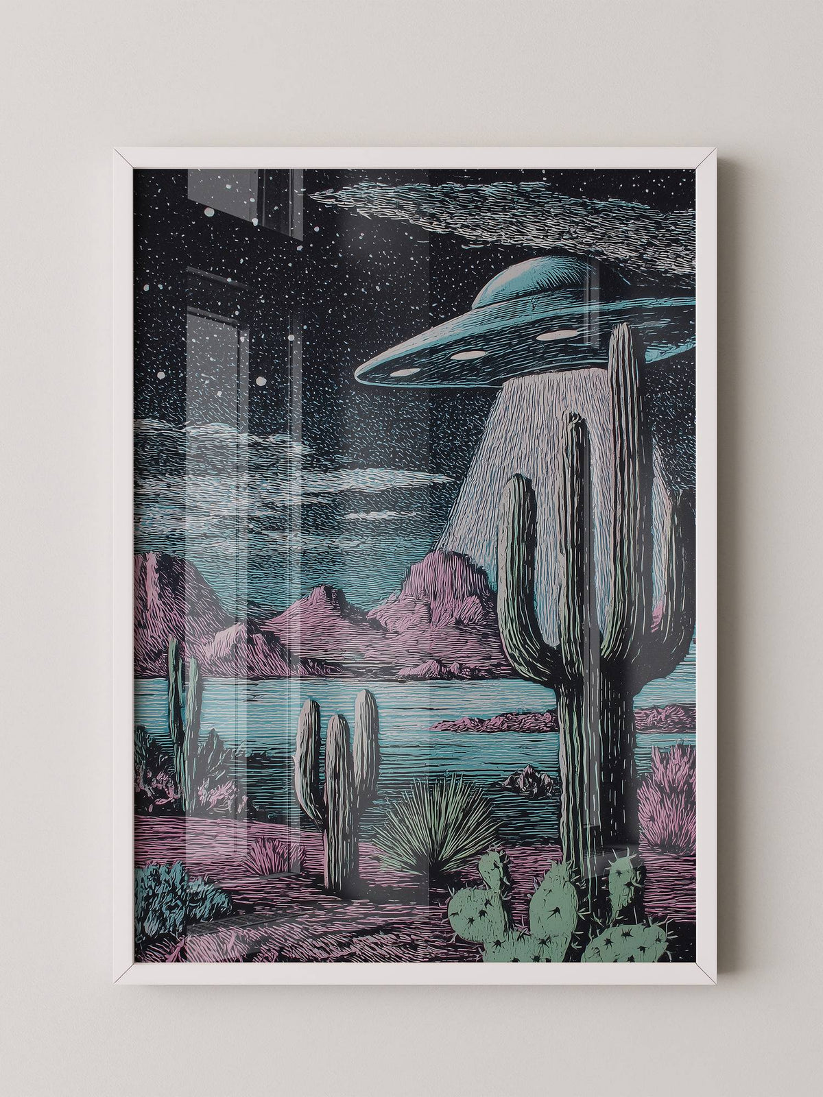 UFO Kaktus Nachts Landschaft Retro