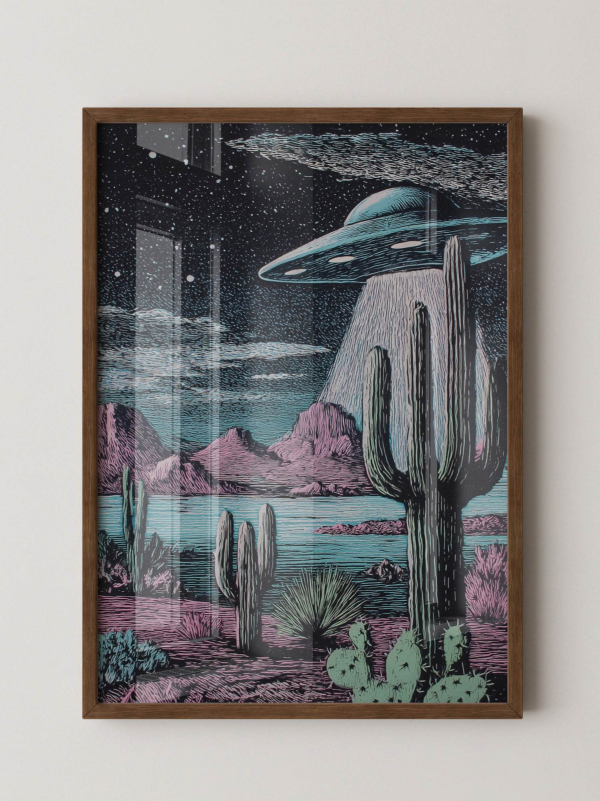 UFO Kaktus Nachts Landschaft Retro