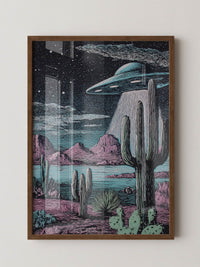 UFO Kaktus Nachts Landschaft Retro