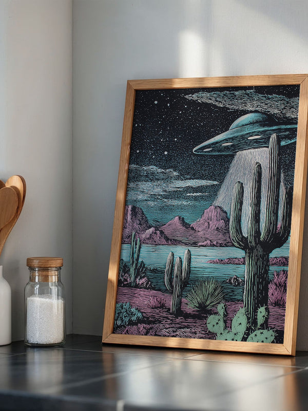 UFO Kaktus Nachts Landschaft Retro