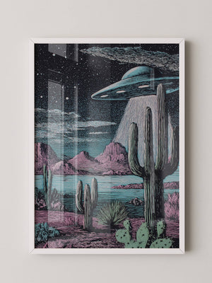 UFO Kaktus Nachts Landschaft Retro
