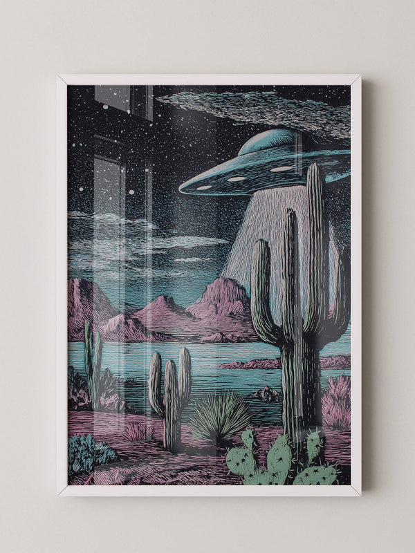UFO Kaktus Nachts Landschaft Retro