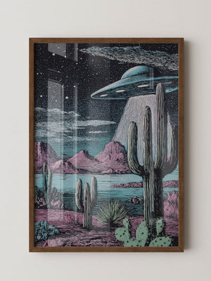 UFO Kaktus Nachts Landschaft Retro