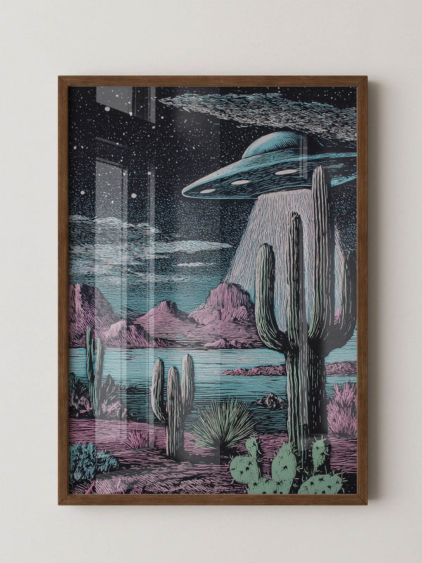 UFO Kaktus Nachts Landschaft Retro