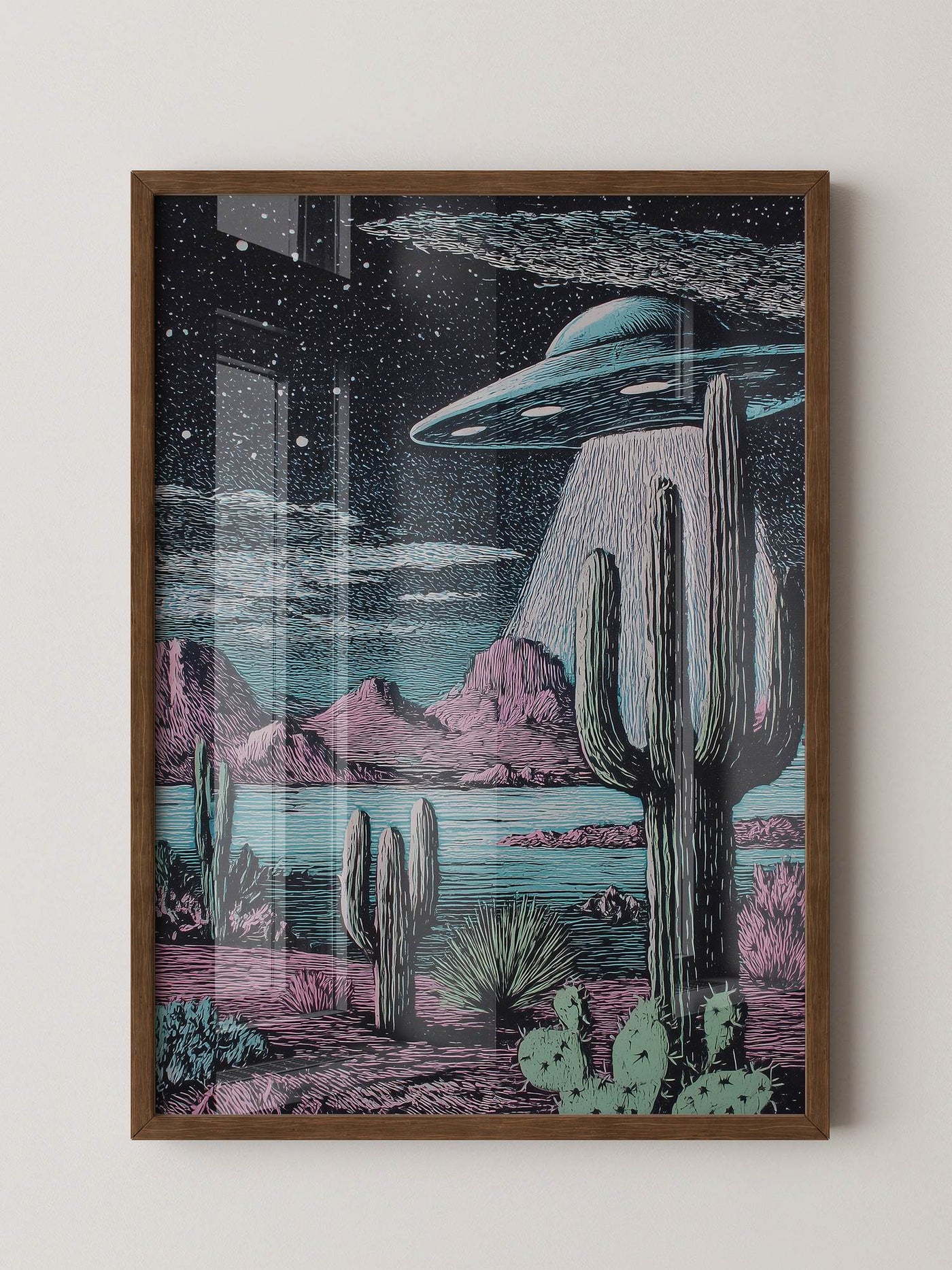 UFO Kaktus Nachts Landschaft Retro