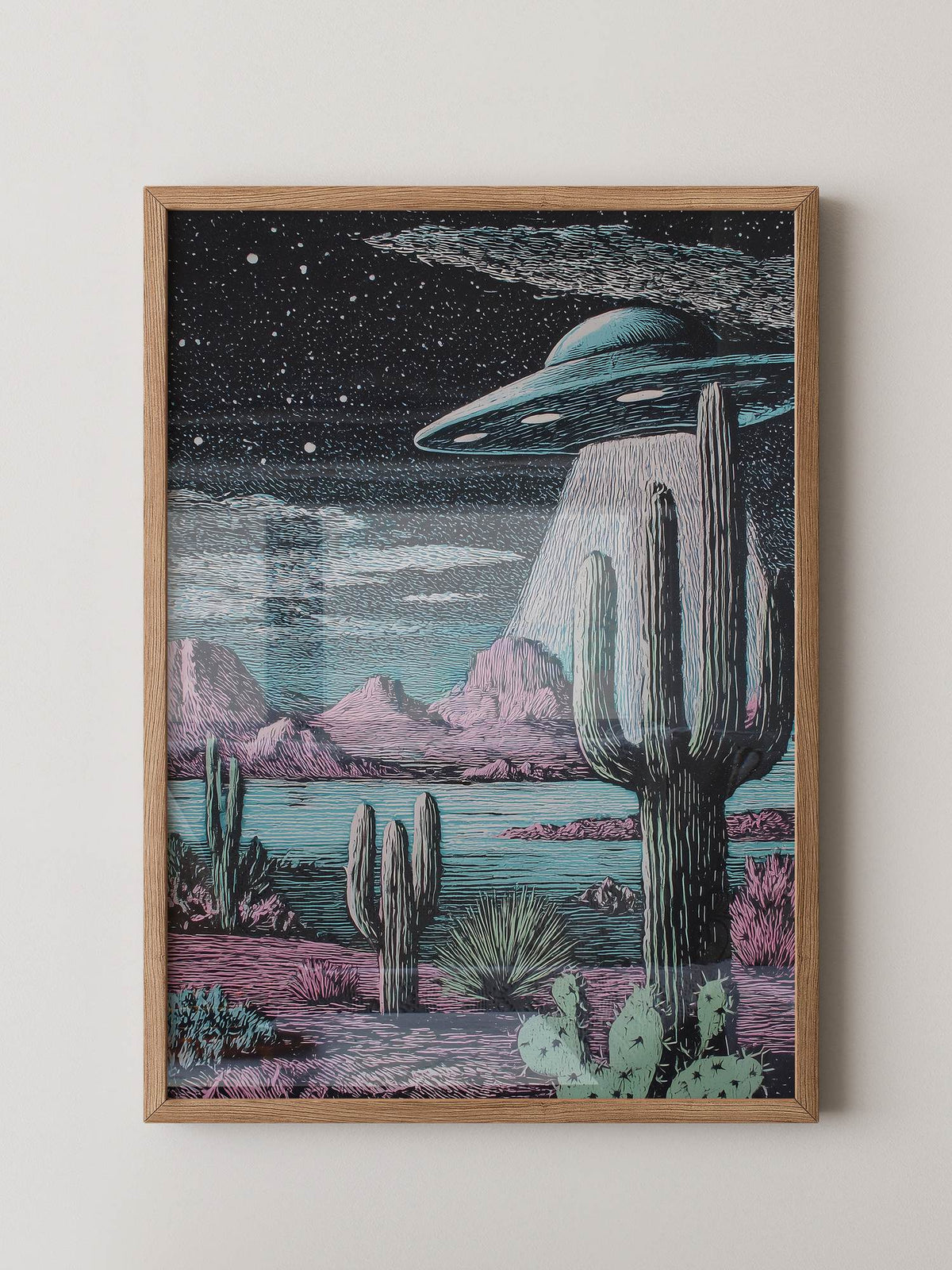 UFO Kaktus Nachts Landschaft Retro