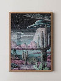 UFO Kaktus Nachts Landschaft Retro