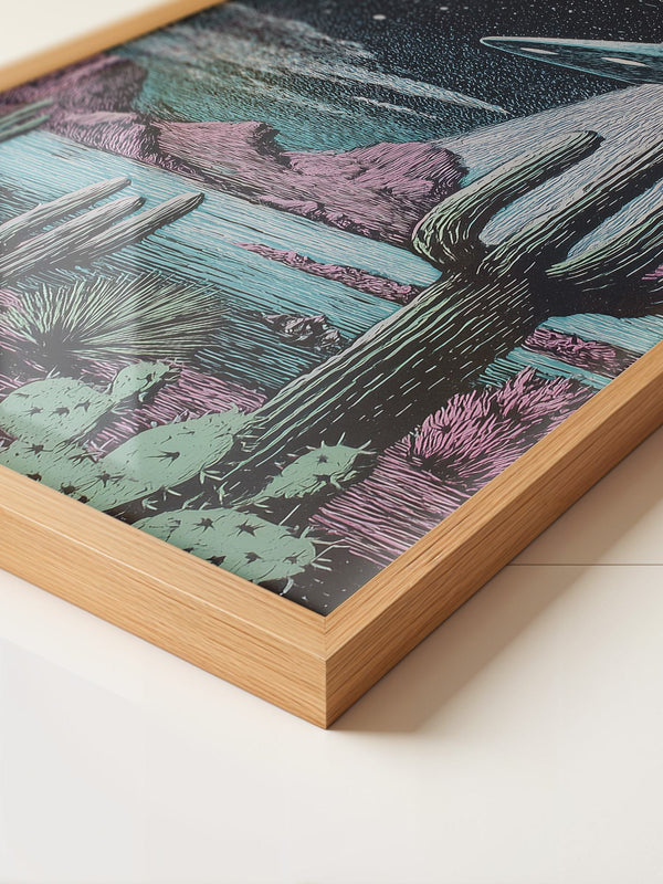 UFO Kaktus Nachts Landschaft Retro