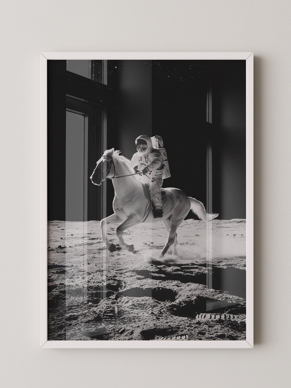 Astronaut reitet Pferd Mondlandschaft