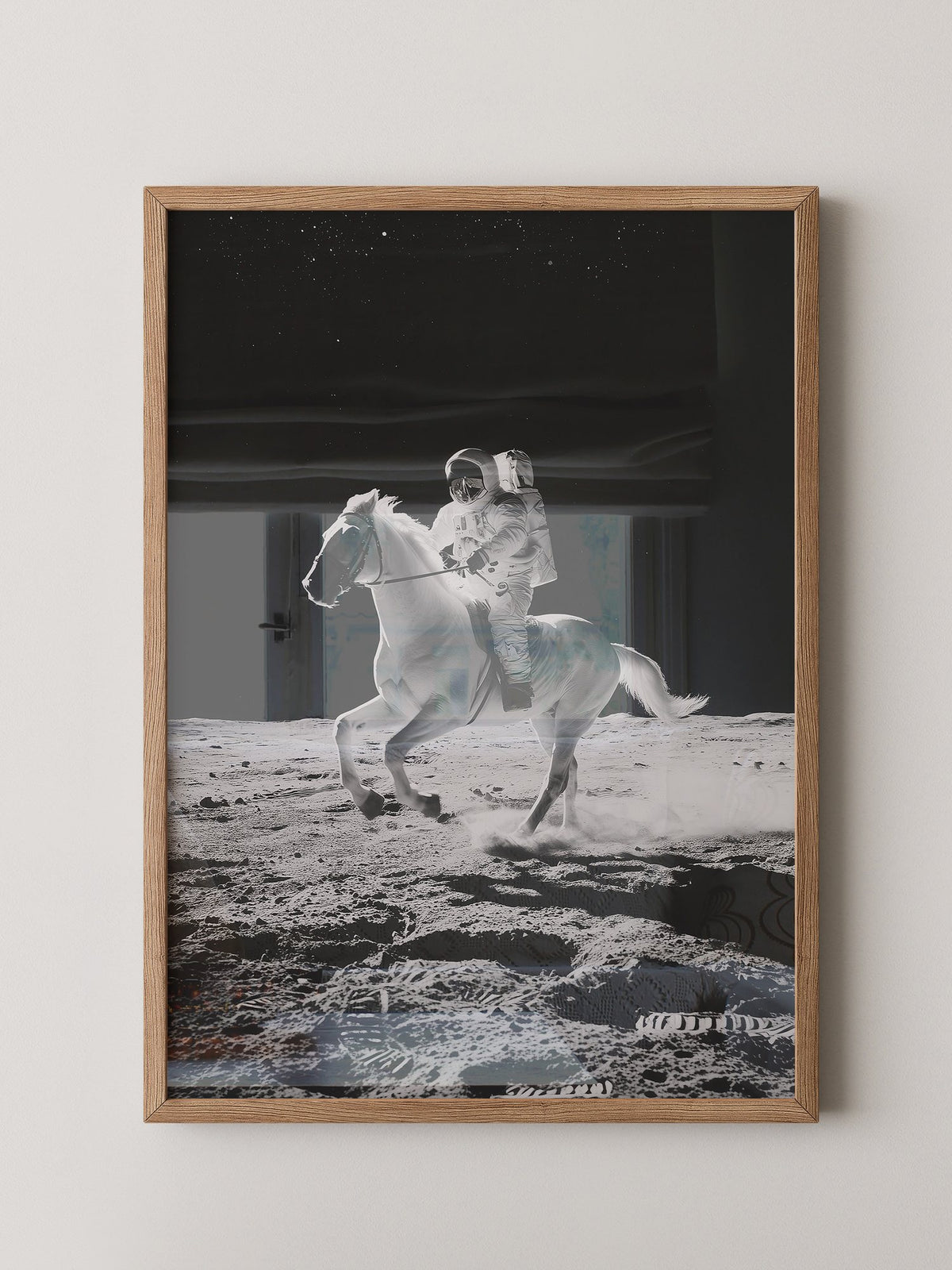 Astronaut reitet Pferd Mondlandschaft