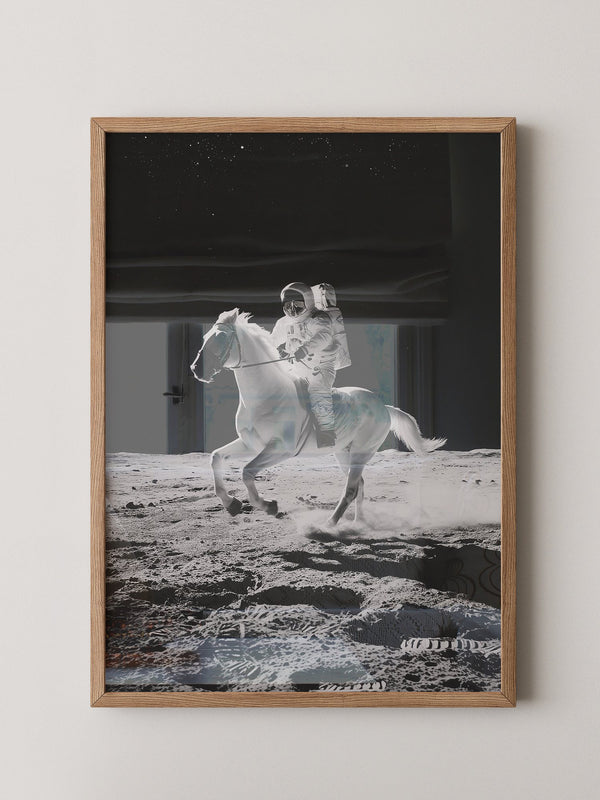 Astronaut reitet Pferd Mondlandschaft