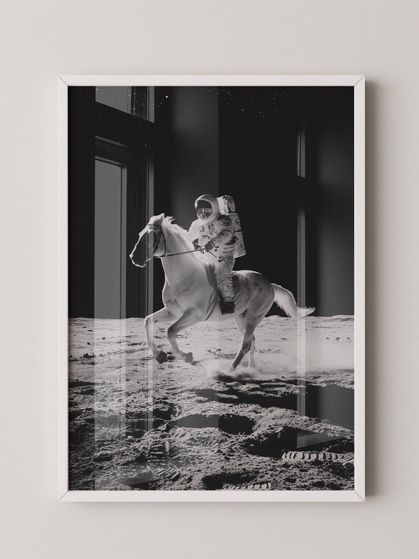 Astronaut reitet Pferd Mondlandschaft