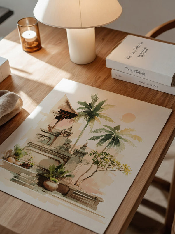 Bali Tempel Aquarell Sonnenlicht