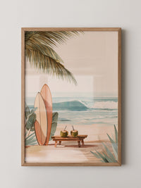 Surfbretter Strand Palmen Aquarell